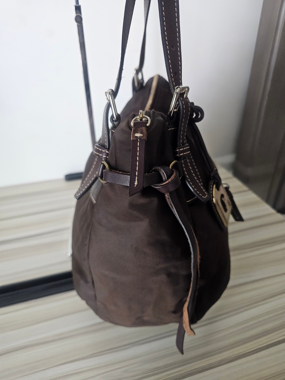 Dooney & Bourke Dark Brown Nylon Leather Shoulder Bag with Gold-Tone Hardware - Picture 3 of 7